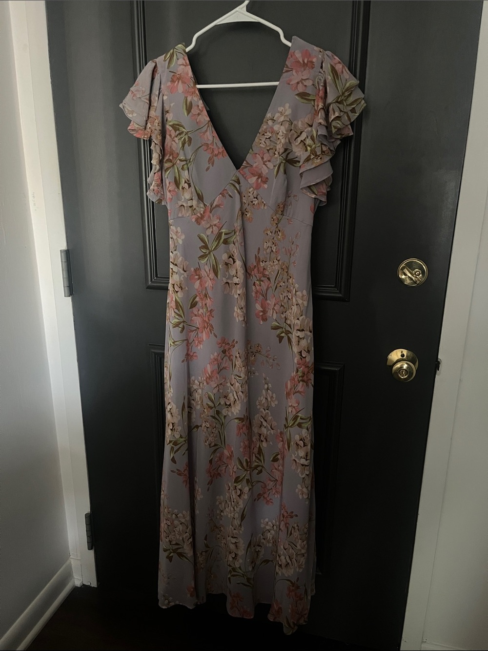 Taylor Lavender Floral V-Neck Maxi Dress with Ruffle Cap Sleeves